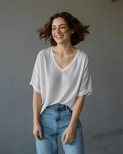 Modern Lookbook T Shirt Mockup Woman In White V Neck Shirt And High Waisted Denim Jeans