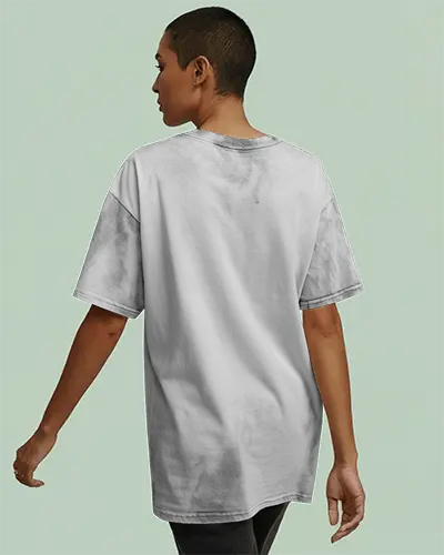 Back Facing Tshirt Mockup Loose Fit Shirt On Female Model In Minimal Studio