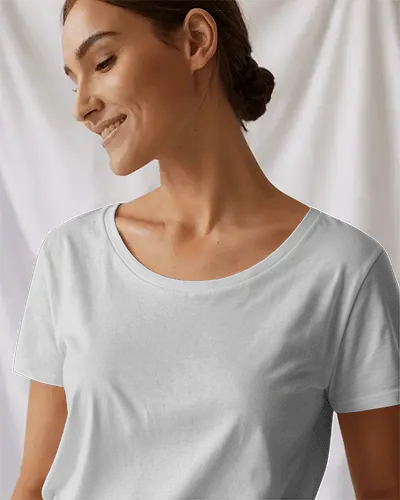 Relaxed Fit T Shirt Mockup Woman In Smooth Lighting Facing Downward In Clean Fabric Background