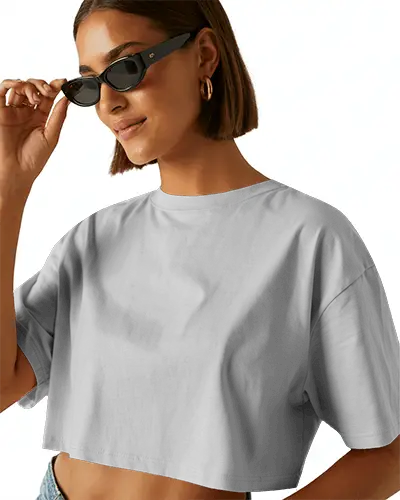 Cropped T Shirt Mockup Female Model Smiling With Sunglasses And Hoop Earrings On White Background