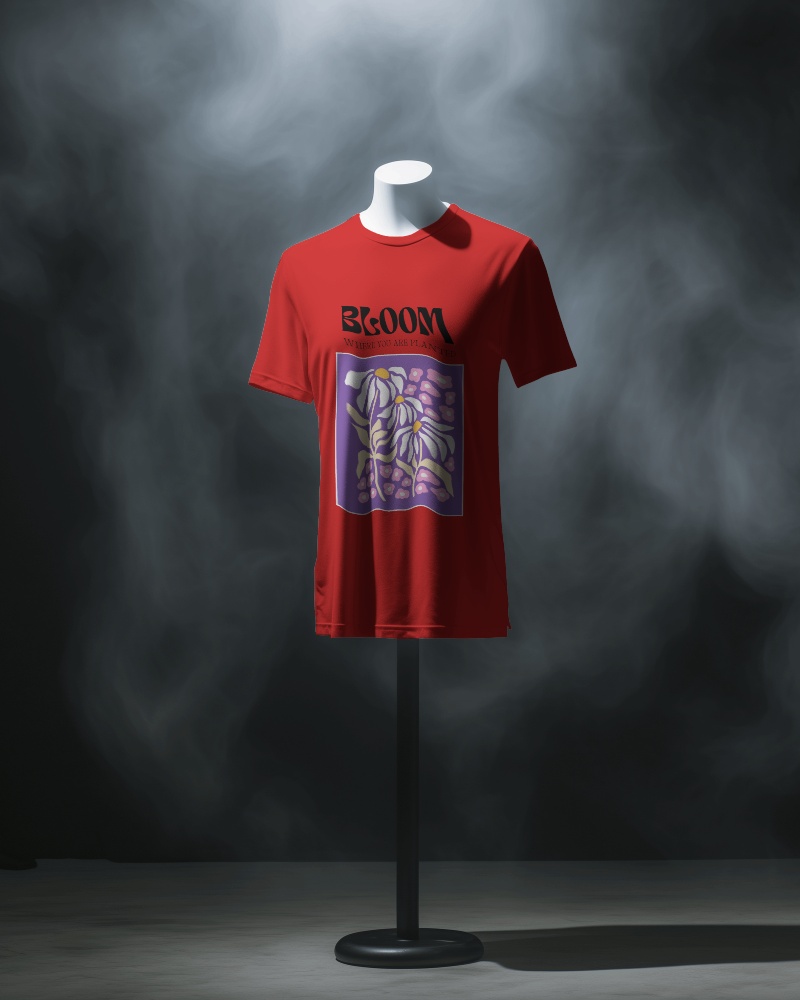 Tshirt On A Headless Mannequin On A Stand In Front Of Black Screen And Smoke