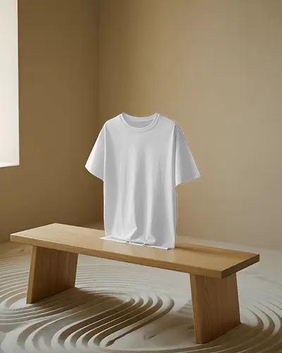 T Shirt Mockup Blank Tee Floating Above Minimal Wooden Bench In Earthy Japanese Inspired Room