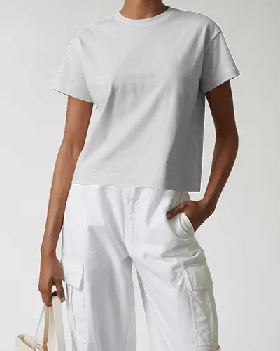 Modern Casual Mockup Woman In Tee And White Cargo Pants Holding Canvas Bag