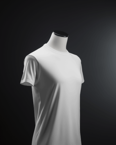 Closeup Side Photo Of A Tshirt On A Headless Mannequin In Front Of Black Screen