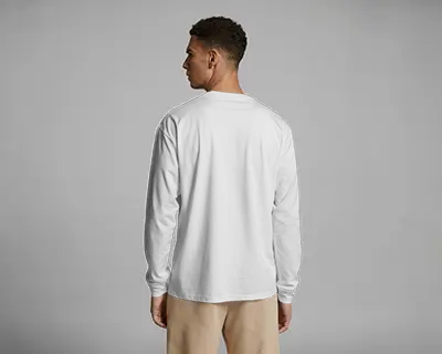 Rear View Long Sleeve T Shirt Mockup Man Facing Away In Clean Grey Background Setting
