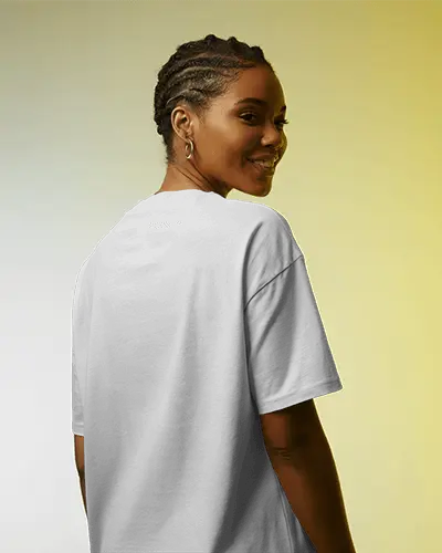 Half Turned T Shirt Mockup Smiling Woman In Gradient Light Background With Soft Expression