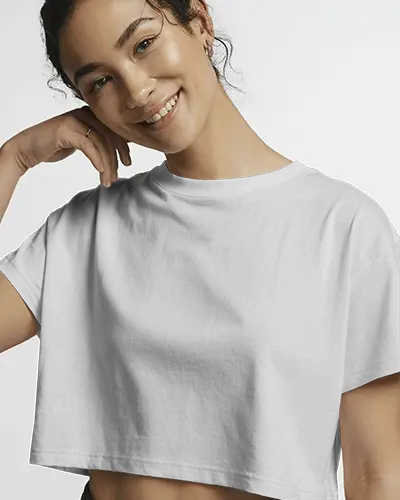 Clean Editorial Cropped T Shirt Mockup Smiling Model Posing Softly On White Background