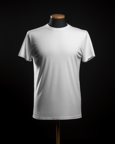 White T Shirt On A Headless Mannequin In Front Of Black Screen
