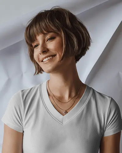 Layered Backdrop Vneck T Shirt Mockup Woman Smiling In Closeup Studio Portrait Scene