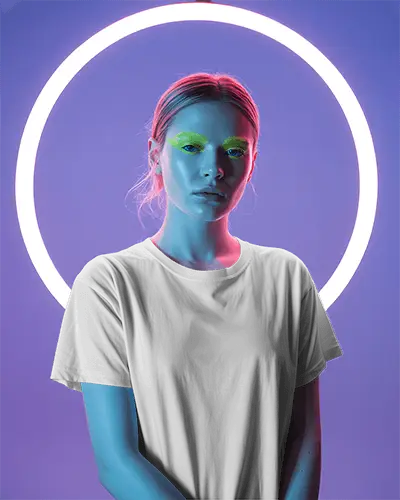Neon Glow Tshirt Mockup Female Model In Uv Light Setup With Vivid Backdrop And Glowing Ring Halo 02026
