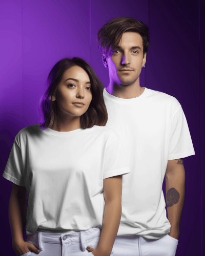 Couple Wearing T Shirt Mockup During A Photo Shoot In Front Of Yellow Screen 0204