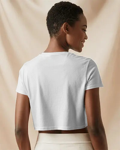 Modern Crop Back Tshirt Mockup With Smiling Female Model In Soft Neutral Interior Light 02041