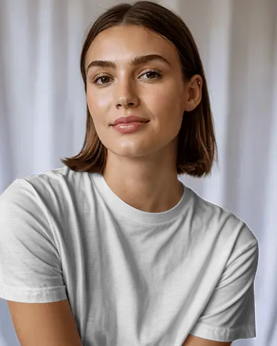 Relaxed Closeup T Shirt Mockup Female Model In Soft Light With White Curtain Background