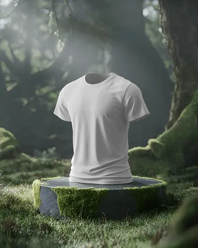 Fantasy Forest T Shirt Mockup Floating Shirt On Stone Pedestal In Mossy Sunlit Woods