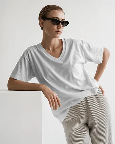 Editorial Vneck T Shirt Mockup Woman In Glasses Leaning On White Block In Minimal Space