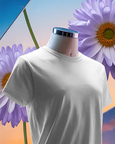 Surreal Scene T Shirt Mockup Floating Shirt On Mannequin With Large Purple Daisies