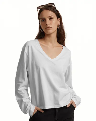 Front Facing Long Sleeve Vneck T Shirt Mockup Woman In Glasses On White Background