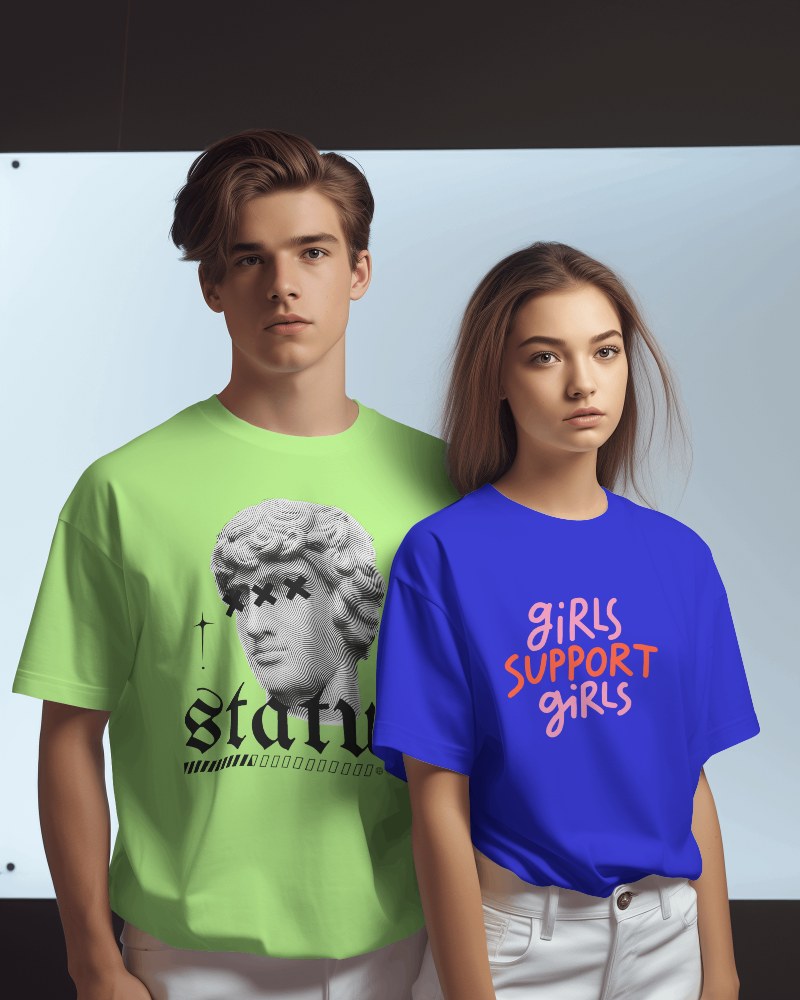 Couple Wearing White T Shirt Mockup In Front Of Studio Screen