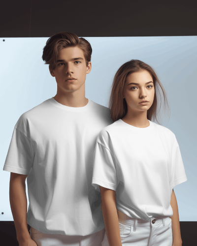 Couple Wearing White T Shirt Mockup In Front Of Studio Screen