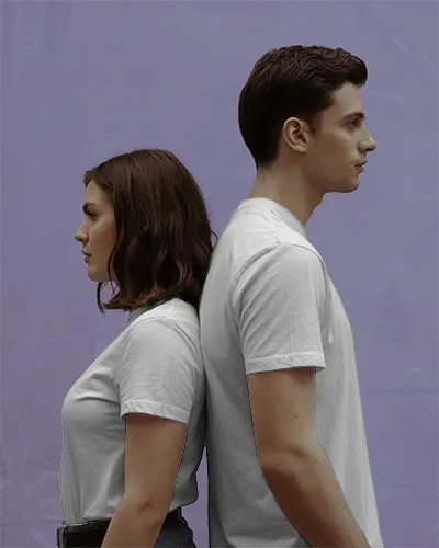 Couple Looking Sides Basic Short Sleeve Crewneck Tshirt Mockup Studio Background