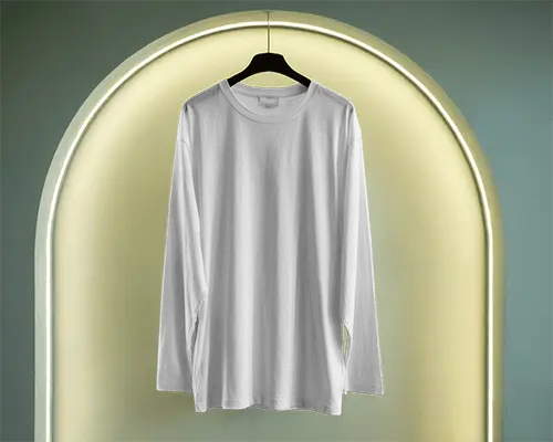 Minimalist Stylish Long Sleeve Tshirt Hanging On Black Hanger With Lighted Arch Background 02089