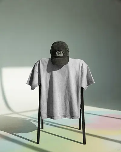 Plain Tshirt Display On Chair With Baseball Cap Simple Fashion Presentation With Shadows 02094
