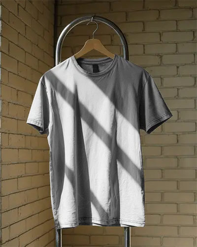 Plain Tshirt Mockup Hanging On Wooden Hanger In Industrial Style Room Background 02096