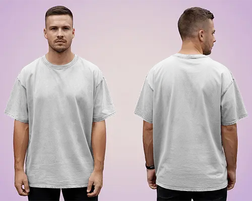 Front And Back T Shirt Mockup Male Model Standing In Studio Light Gradient Purple Backdrop