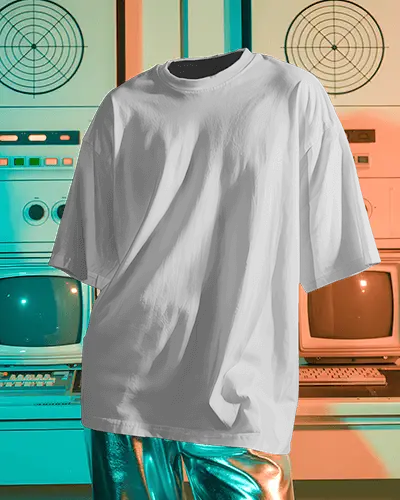 Retro Futuristic T Shirt Mockup Mannequin Style Against Vintage Tech Background Metallic Pants