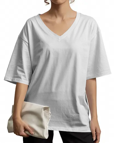 Fashion Forward V Neck T Shirt Mockup Female Model Holding Purse Clean White Studio Background