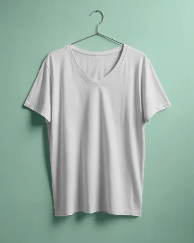 V Neck T Shirt Hanging On Metal Hook Mockup Against A Soft Green Background Light Shadow