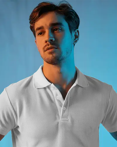 Stylish Male Model Wearing Polo Shirt Mockup In Front Of Colorful Gradient Background