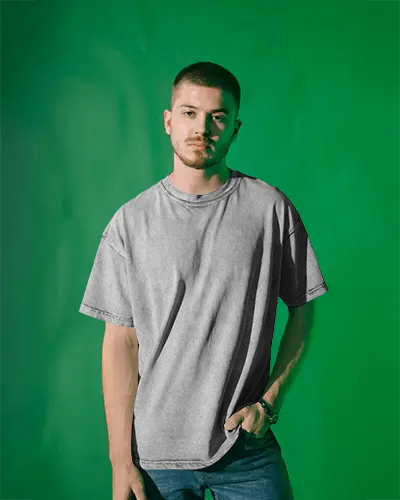 Trendy Minimalist Acid Wash Tshirt Mockup Featuring Male Model And Versatile Styling Choice