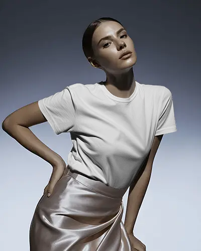 Fashion Model T Shirt Mockup Striking Pose With Gradient Background