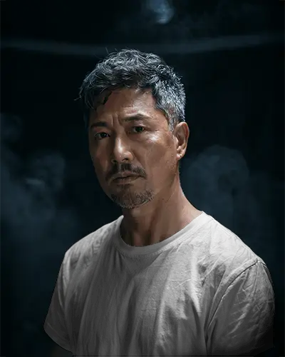 Cinematic Portrait T Shirt Mockup Asian Mid Age Male Model In Moody Low Light Setting