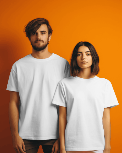 Couple Wearing White T Shirt Mockup In Front Of Orange Screen