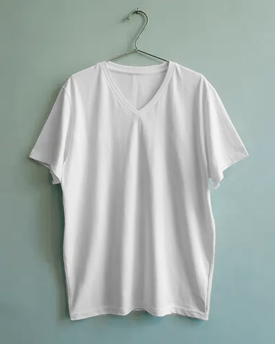 V Neck T Shirt Hanging Mockup On Metal Hook Against Soft Green Wall In Studio Light