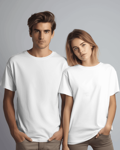 Couple Wearing T Shirt Mockup During A Photo Shoot In Front Of White Screen