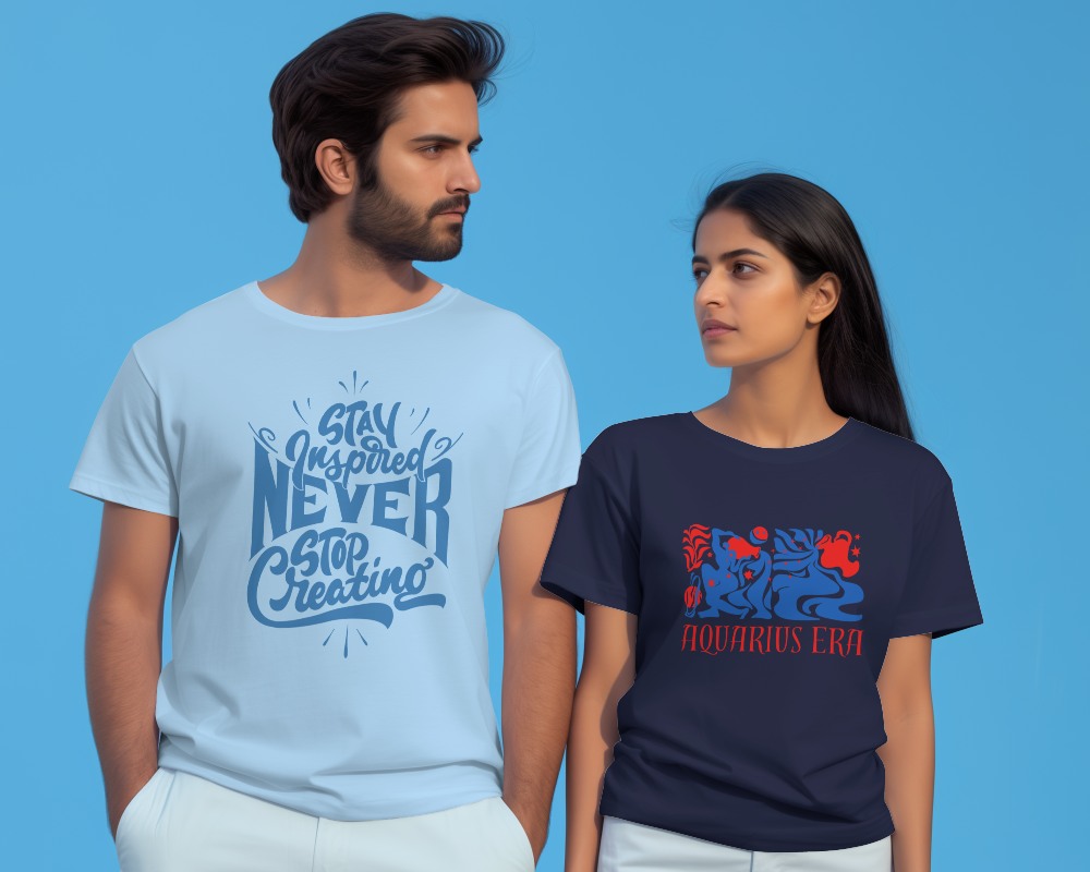 Indian Couple Wearing Tshirt Mockup In Front Of Blue Background Looking Each Other