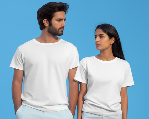 Indian Couple Wearing Tshirt Mockup In Front Of Blue Background Looking Each Other