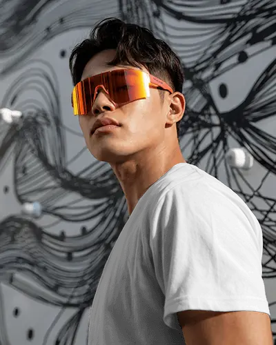 Graphic Wall Tshirt Mockup Male Model With Orange Sunglasses Modern Artistic Background