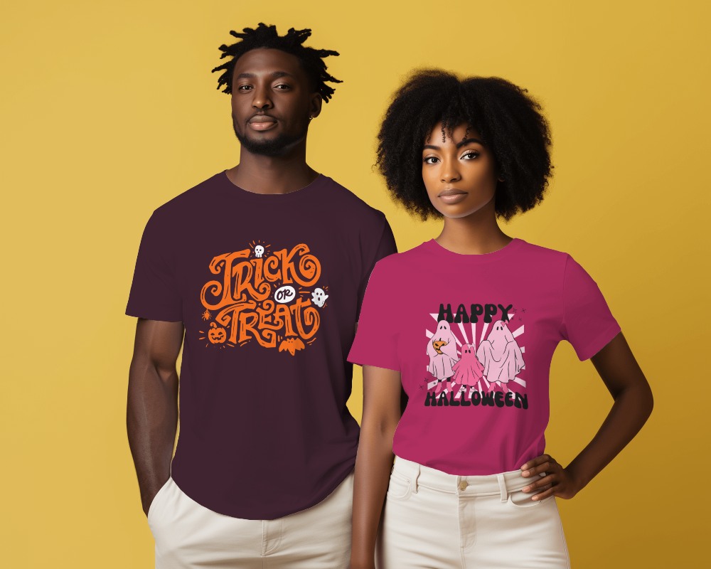 Black Couple Wearing White Tshirt Mockup In Front Of Plain Background