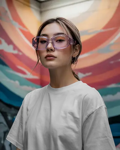 Color Splash Tshirt Mockup Female Model With Purple Glasses And Vibrant Graffiti Wall