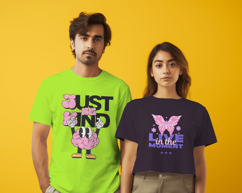 Indian Couple Wearing White Tshirt Mockup In Front Of Yellow Background