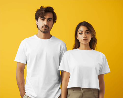 Indian Couple Wearing White Tshirt Mockup In Front Of Yellow Background