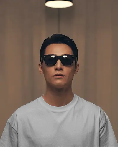 Spotlight Tshirt Mockup Asian Male Model Wearing Sunglasses Under Warm Hanging Light