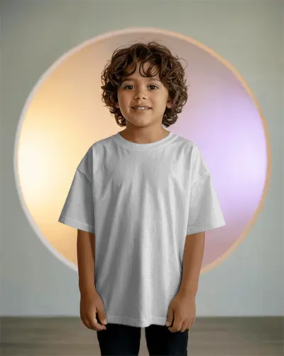 Kids T Shirt Mockup Boy Smiling In Front Of Glowing Colorful Circle Light And Minimal Background