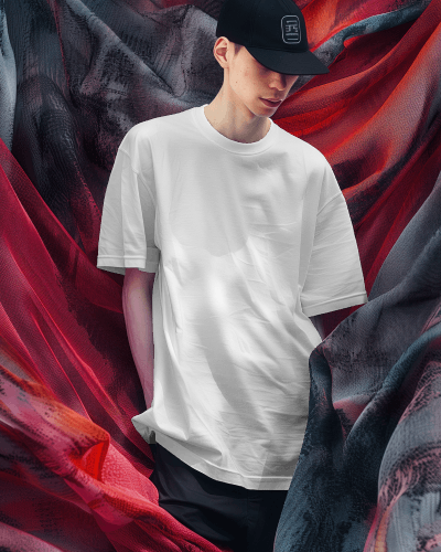Asian Man Wearing Tshirt Mockup With Red Curtain Flying In Background Scene5