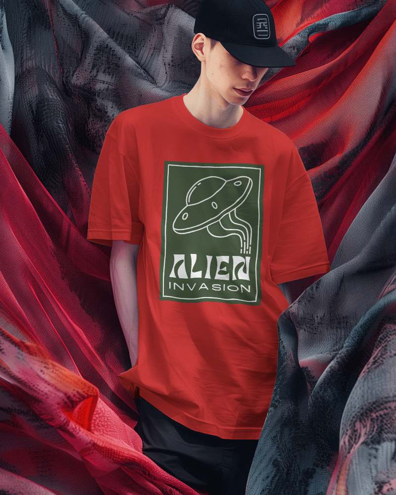 Asian Man Wearing Tshirt Mockup With Red Curtain Flying In Background Scene5