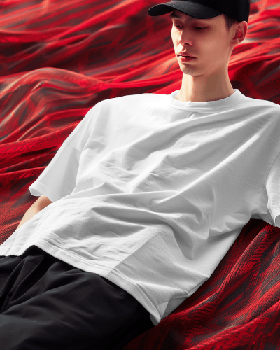 Asian Man Wearing Tshirt Mockup With Red Curtain Flying In Background Scene3